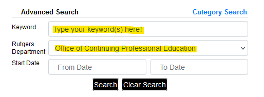 Screenshot of search form in Rutgers Continuing Education registration system