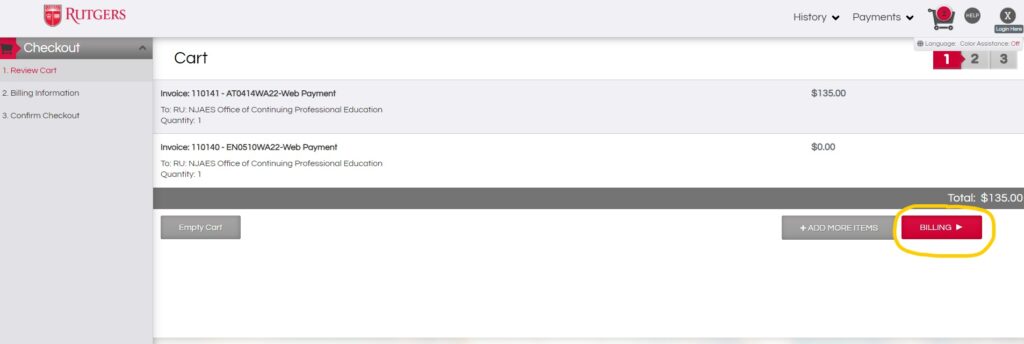 Screenshot of Cart page within Rutgers Continuing Education registration system with Billing button highlighted