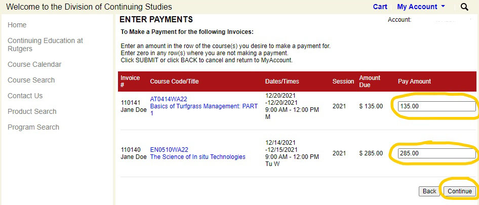 Screenshot of Enter Payments page within Rutgers Continuing Education registration system