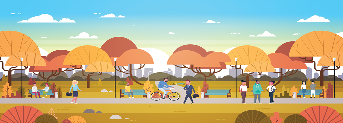 Illustration of People Relaxing Outdoors In Autumn Urban Park