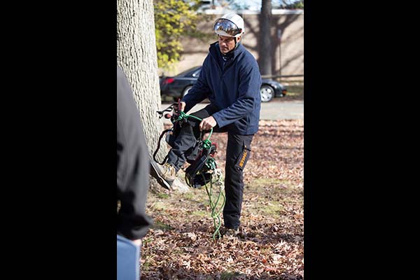 Instructor Mark Chisholm steps into his tree climbing harness