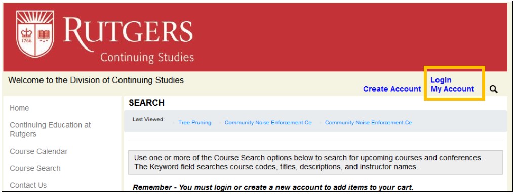 Screenshot of Rutgers Continuing Studies registration system with Login My Account link in top navigation highlighted