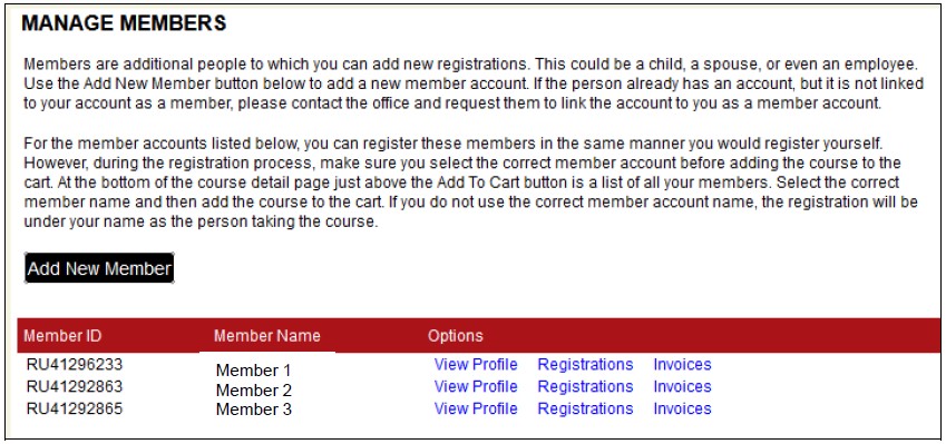 Screenshot of Manage Members page in Rutgers Continuing Education registration system