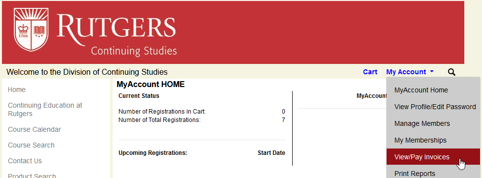 Screenshot of My Account screen within Rutgers Continuing Education registration system with View/Pay Invoices highlighted in navigation
