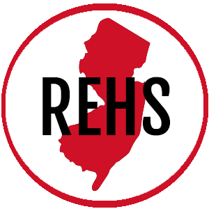 Map of NJ with the letters REHS across it representing NJ Registered Environmental Health Specialist