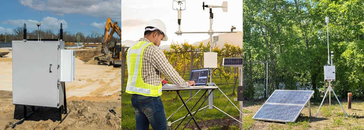 3 images of air monitoring equipment and worker on site