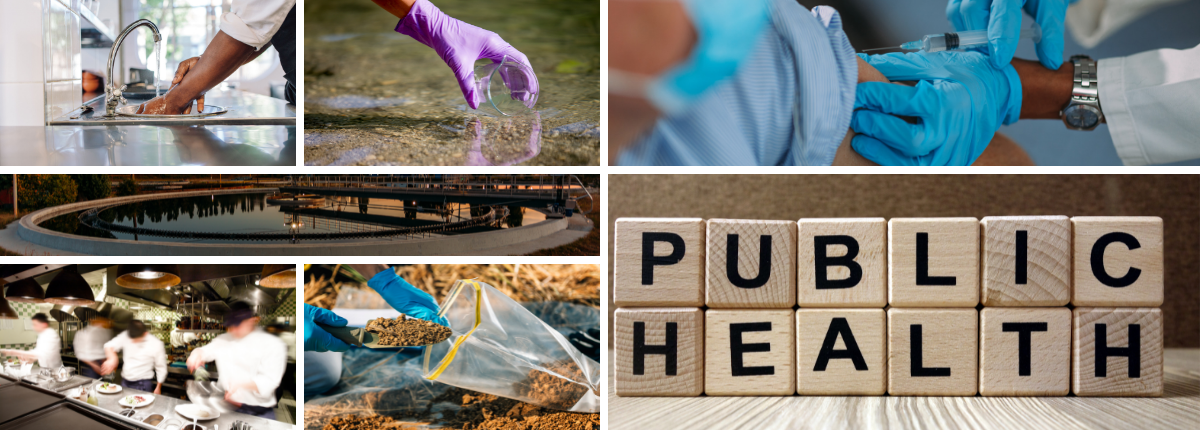 Collage of photos representing various elements of public health, including food safety, water quality testing, soil testing, wastewater operations, and vaccinations