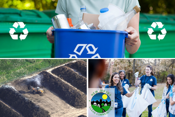 Photo collage consisting of images of person taking out recyclables, aerial view of composting facility, and community cleanup with NJ Clean Communities logo