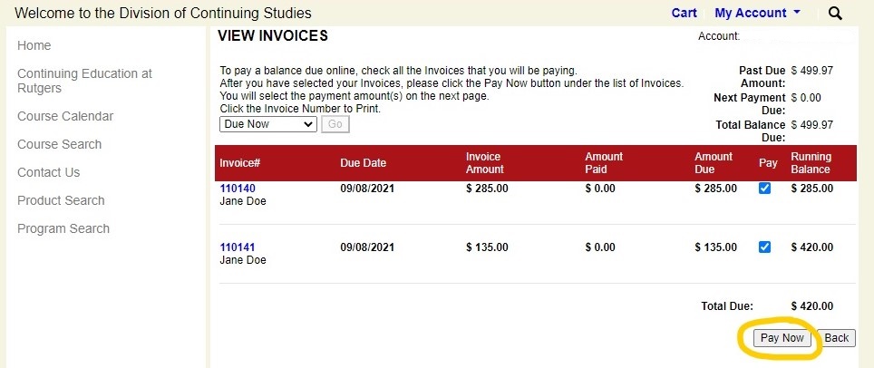 Screenshot of View Invoices page within Rutgers Continuing Education registration system