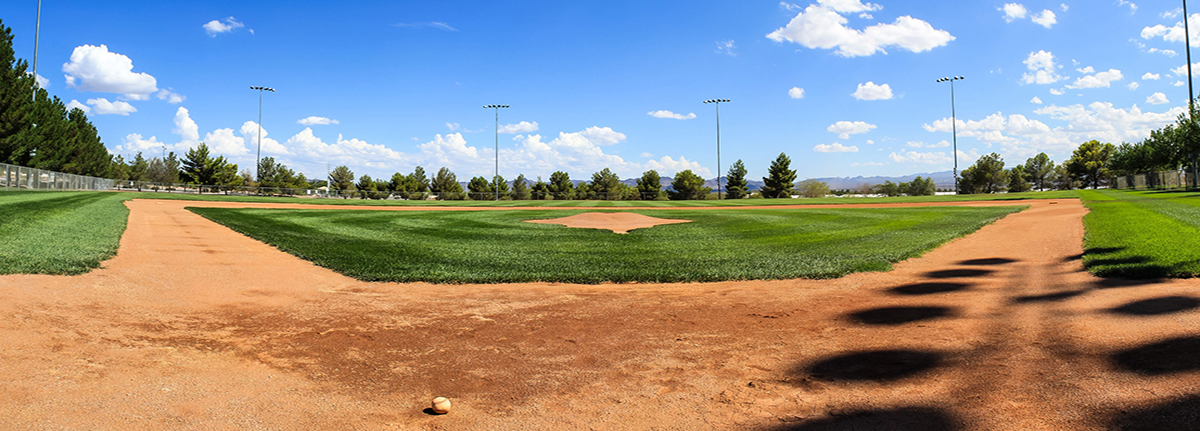 Wide angle view of baseball field from home plate