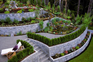 Beautifully landscaped retaining walls in a backyard garden