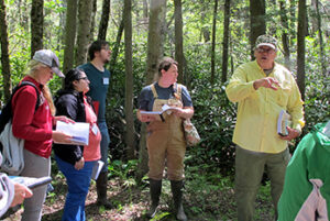 Ralph Tiner instructs students during a wetland class field trip